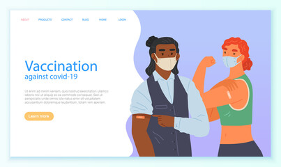 Fototapeta premium Stop coronavirus agitation concept. Vaccination promo, immunization of workers. Vaccine saves lives. People wearing protective mask showing their arm with bandage after receiving covid-19 vaccine