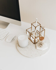 Office accessories, gold, imac, candle, pins, coffee
