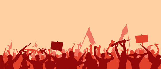 A crowd of people are protesting. Silhouette of a protesting crowd. Protesters with weapons in their hands. Terrorists with guns in their hands. Panoramic vector illustration. EPS 10.