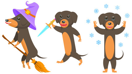 Set Abstract Collection Flat Cartoon Different Animal Dachshunds Dogs Sneaking With A Dagger, Flying On A Broomstick, Stands Under The Falling Snowflakes Vector Design Style Elements Fauna Wildlife