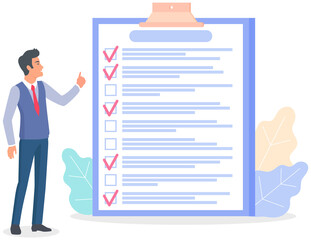 Month scheduling, to do list, time management. Businessman stands near checklist and planning. Plan fulfilled, task completed, timetable on paper sheet. Check list plan, schedule creation concept