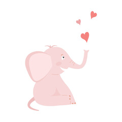 Pink funny elephant laughing while making hearts with the trunk. Vector illustration. Flat style
