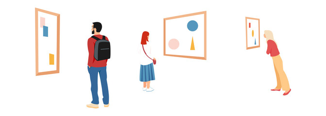 Man and women looking at the pictures while visiting art gallery. Vector illustration. Flat style
