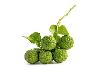 Fresh bergamot or kaffir lime with leaf isolate on white background with clipping path, vegetable herb for cooking and health.
