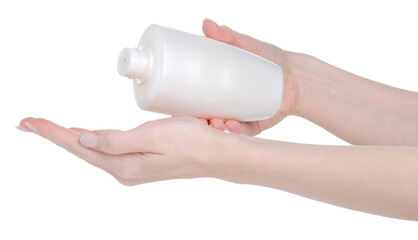 Bottle shampoo shower gel beauty in hand on white background isolation