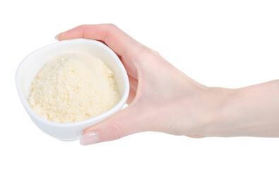 Bowl with grated cheese in hand on white background isolation