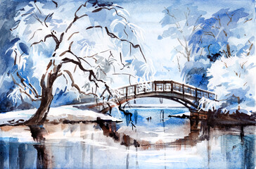 Winter landscape.WatercolorWinter landscape.Watercolor illustration.Trees covered with snow by  river with  bridge and ducks.The reflection of  bridge and trees in  water.