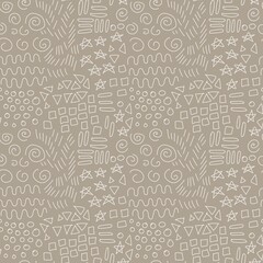 Seamless vector pattern in doodle style. Many different shapes from thin light lines on a brown background. Asterisks, sticks, squares, triangles, curls. Universal background.