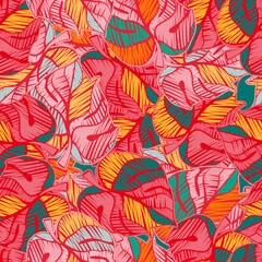 Fototapeta na wymiar Scribble monstera leaves tropical seamless pattern. Embroidery palm leaf endless wallpaper.