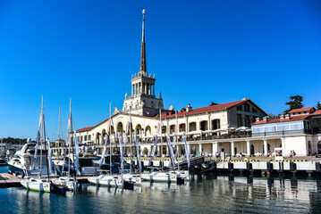 Fototapeta premium Seaport with mooring boats during the day in Sochi, Russia. August. 2019.
