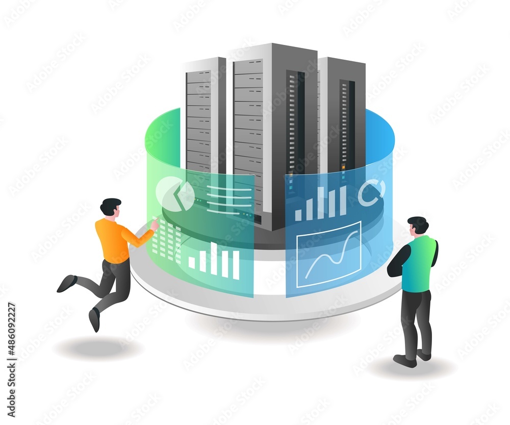 Poster isometric illustration concept. the team is analyzing server data and security