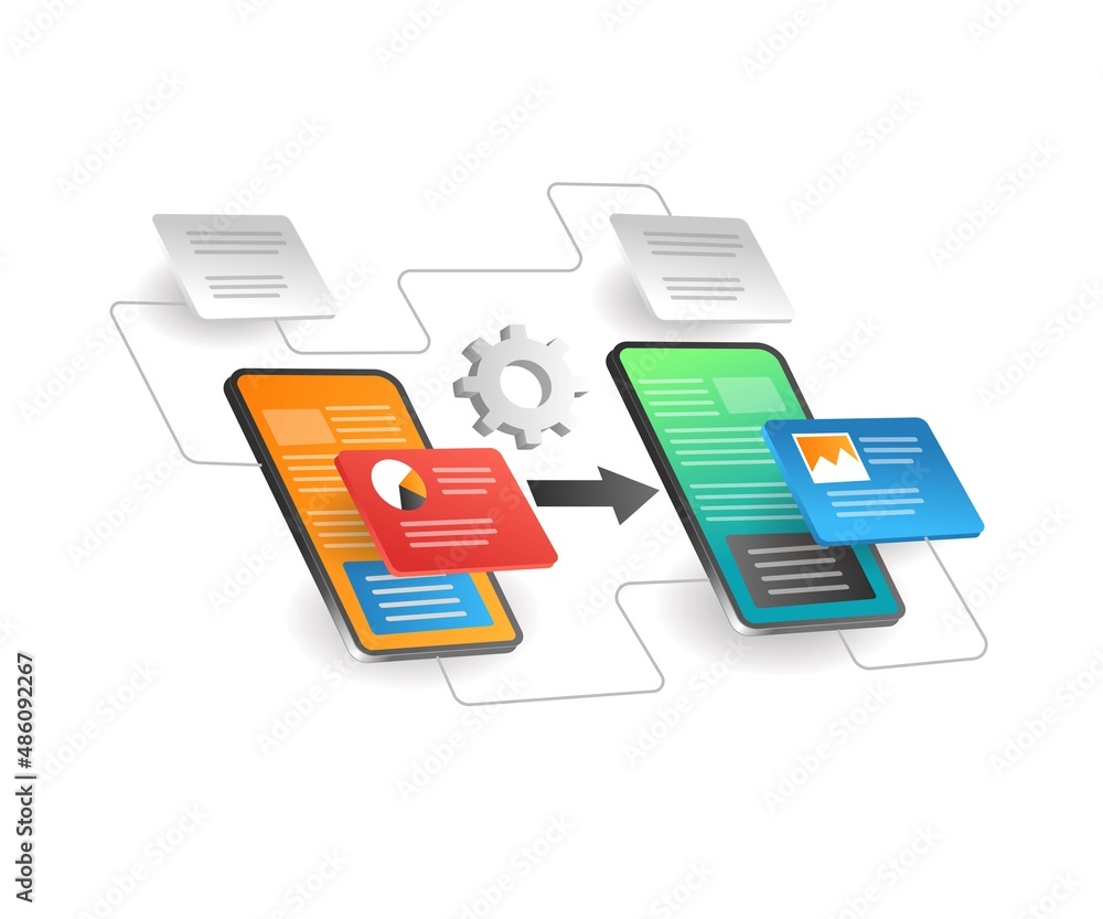 Aufkleber isometric illustration concept. the process of transferring application data between smartphones