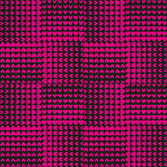 Pink hearts on a black background. Groups of hearts of different sizes, united in the form of squares. Seamless pattern for any use.