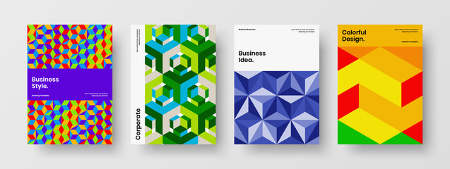 Premium pamphlet A4 design vector template composition. Multicolored geometric tiles annual report illustration set.