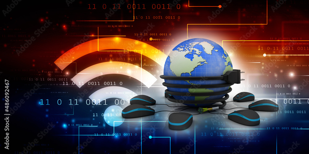 Poster 3d rendering charger cable connected globe with mouse network