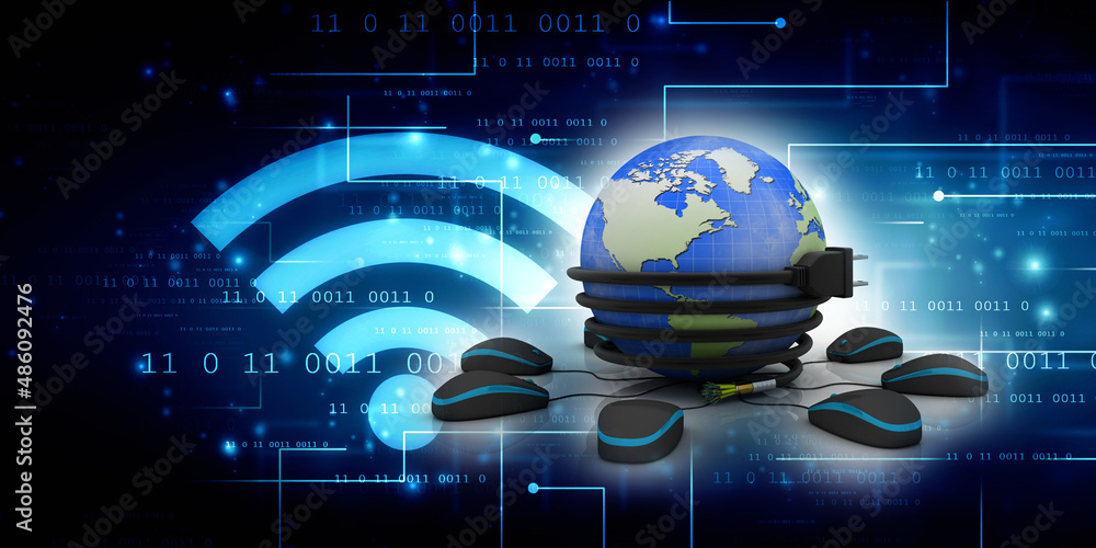 Poster 3d rendering charger cable connected globe with mouse network