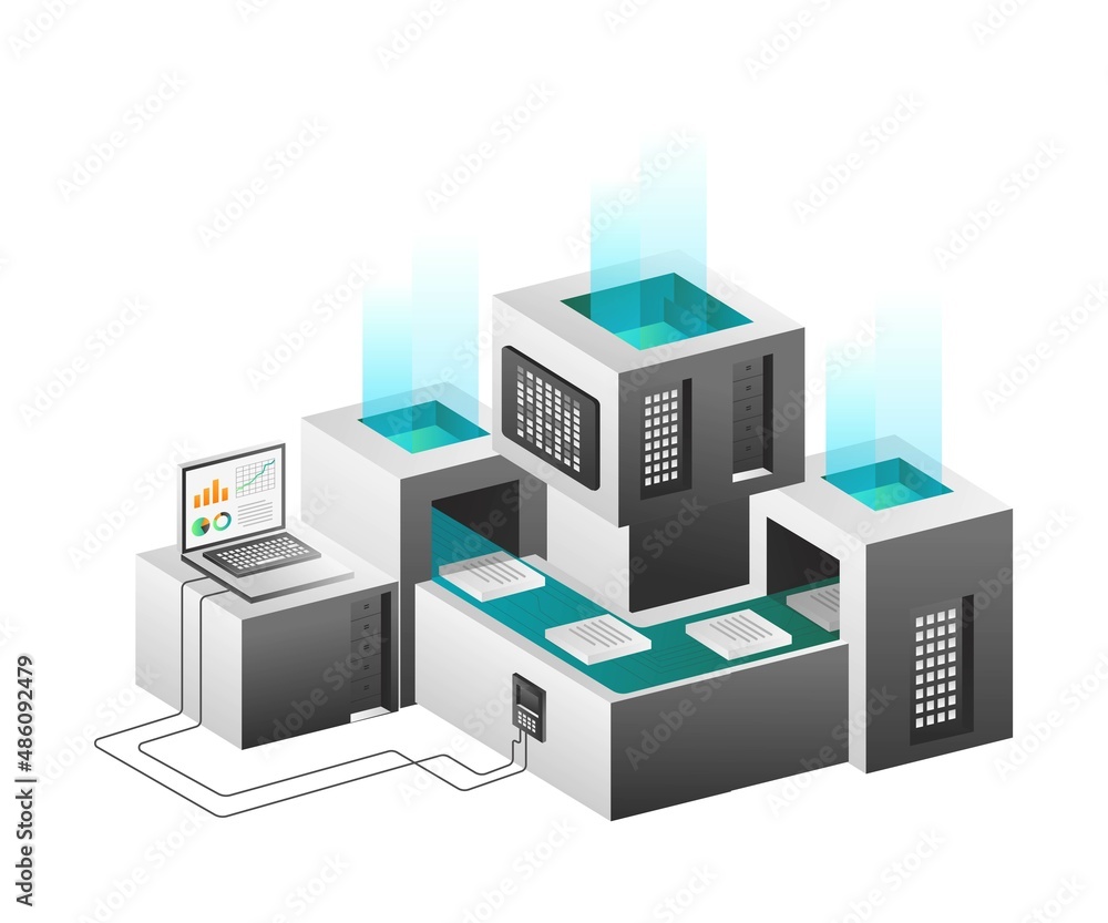 Poster isometric illustration concept. server data analysis flow