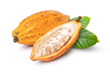 Yellow cocoa fruits with half sliced and green leaf isolated on white background