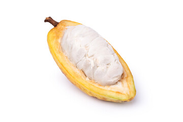 Half slice of yellow cocoa pod on white