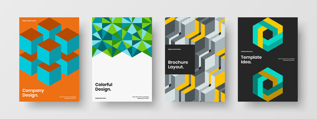 Colorful pamphlet A4 vector design illustration set. Amazing mosaic hexagons corporate identity template composition.