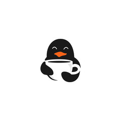Cute penguin hugging a cup of coffee mascot logo