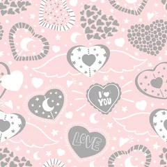 Muurstickers Valentine's Day hand drawn seamless pattern of cute hearts shape with stars, moon, text. Romantic doodle sketch vector. Decorative illustration for greeting card, wallpaper, wrapping paper, fabric © Diana Kovach