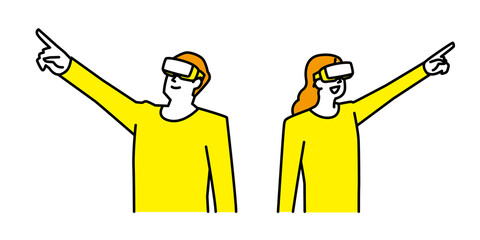 ゴーグルを装着してバーチャルリアリティ空間の中で指を差す男性と女性