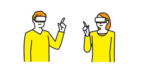 ゴーグルを装着してバーチャルリアリティ空間の中で指を差す男性と女性