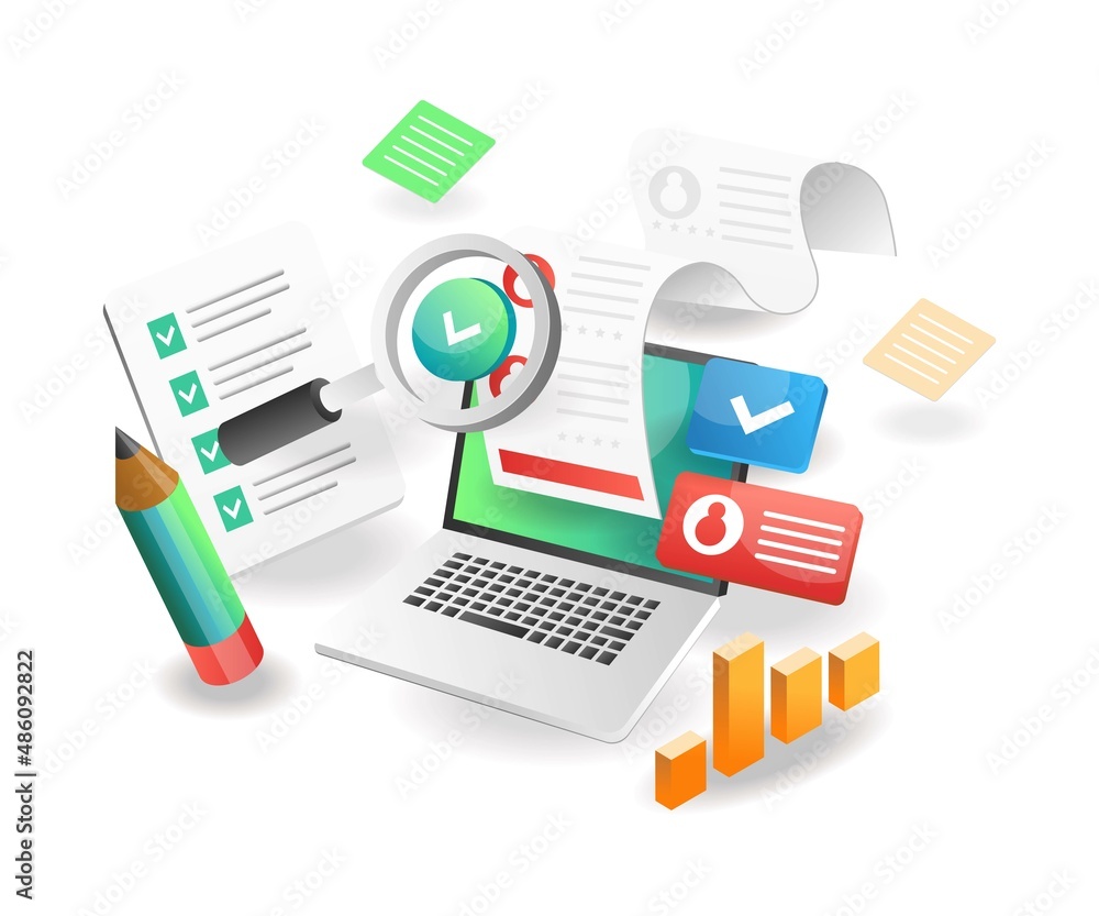 Poster isometric illustration concept. creative paper data analysis on computer