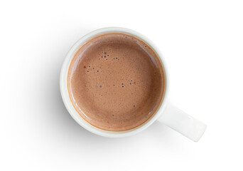 Hot chocolate cocoa drink in white ceramic cup isolated on white background. Top view. Flat lay....