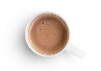 Fotobehang Chocolade Hot chocolate cocoa drink in white ceramic cup isolated on white background. Top view. Flat lay. Clipping path.  © NIKCOA
