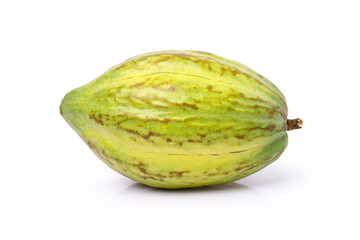 Fresh raw green cocoa pod isolated on white background. Clipping path.