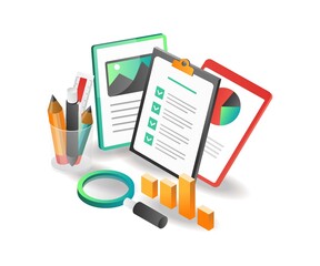 Isometric illustration concept. Creative analytical paper work plan
