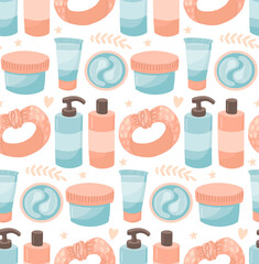 Seamless pattern of cosmetics tubes. Fashion vector illustration for beauty saloon.