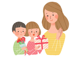 母の日　プレゼントをお母さんに渡す男の子と女の子