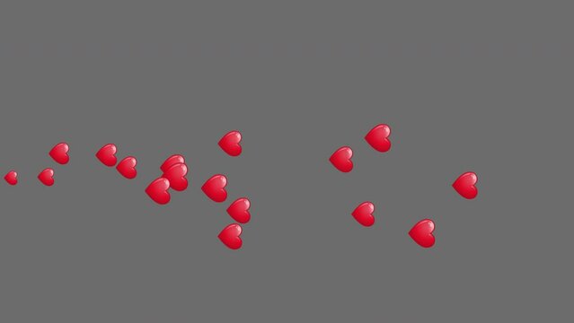 Animation of red hearts fly from left to right and disappearing in slow motion. Background for social networks. Happy Valentine's Day. Template for Mother Day or other celebration. Alpha channel, 4K.