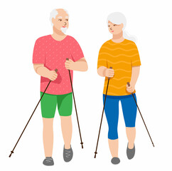 two elderly people with gray hair are engaged in Norwegian or Scandinavian walking. Illustration on the theme of active occupations of pensioners, old people. Vector illustration