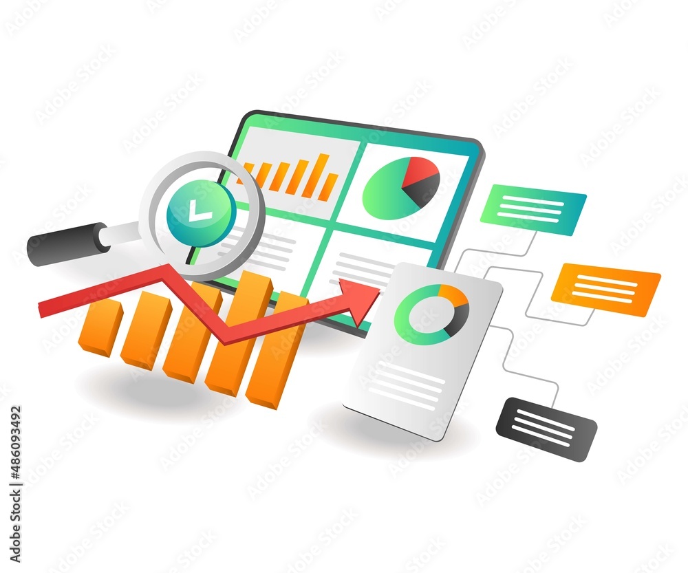 Aufkleber Isometric illustration concept. Network analysis seo optimization web application