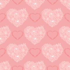 Hand drawn seamless pattern of openwork hearts of flowers and leaves. Floral Valentines day. Spring romantic ornament. Decorative illustration for greeting card, wallpaper, wrapping paper, fabric