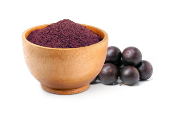 Acai powder with berry fruit isolated on white background.