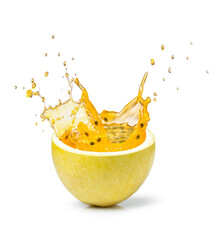 Naklejka na ściany i meble Yellow passion fruit juice splash from passionfruit isolated on white background