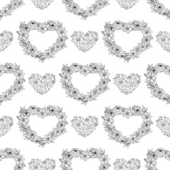 Hand drawn seamless pattern of openwork hearts of flowers and leaves. Floral Valentines day. Spring romantic ornament. Decorative illustration for greeting card, wallpaper, wrapping paper, fabric