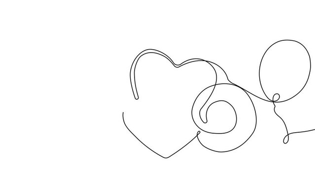 Continuous one line drawing of romantic creative composition. Happy Valentine's Day. Festive decorative objects, heart shaped balloons and cute cupid as symbol Valentine's Day. Outline minimal concept