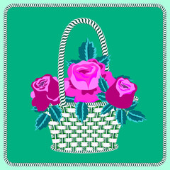 Vector - greeting card with rose flowers in a basket.
