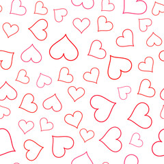 Seamless pattern minimalist heart without fill. Contour red line, white background.