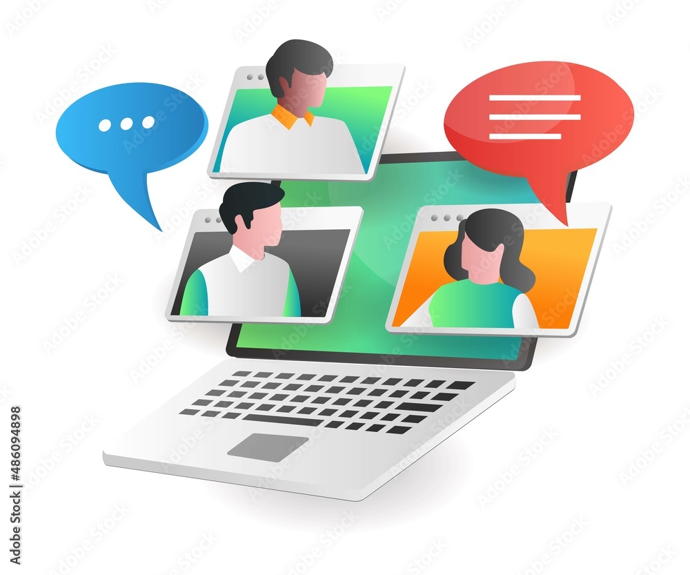 Poster isometric illustration concept. team doing virtual meeting with video call