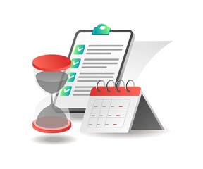 Isometric illustration concept. Hourglass with work plan calendar