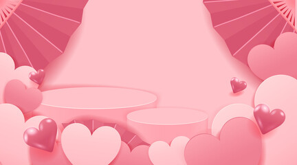 Valentine's Day Concept. Paper cut style heart shape. Podium design.
