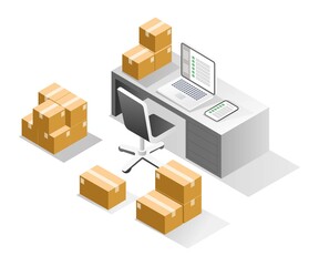 Isometric illustration concept. Computer desk storing warehouse goods data