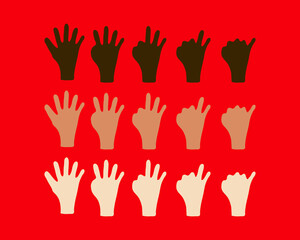 Obraz premium Human hands different colors skin icon set. A collection of the hands of people of different races and ethnic. Hands countdown from five to one isolated on red background.